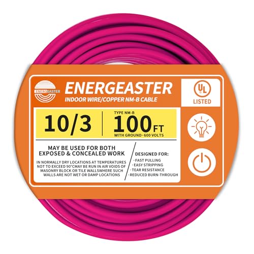 Solid Indoor 10/3 Type NM-B Pure Copper Cable 100FT Pink 10 AWG 3 Conductors with Ground Wire