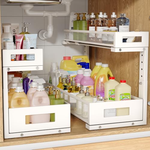 Image of 2 Pack 20.47IN Depth Under Sink Storage Organizer, Large 2-Tier Elegant Mesh Pull Out Shelf for Kitchen and Bathroom Cabinet Organization, L-Shaped and Adjustable Height Design-White