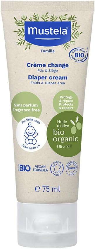 Mustela Bio Organic Baby Natural Diaper Cream - with Olive Oil, Aloe Vera & Sunflower Oil - Fragrance-Free, Vegan & EWG Verified - 75ml