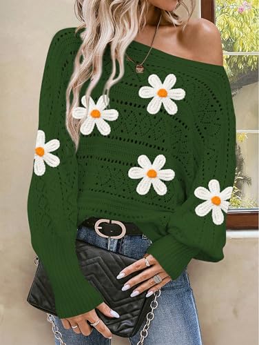 Image of Cakulo Womens Off Shoulder Sweater Top Fall Outfits Fashion 2025 Oversized Knit Batwing Long Sleeve Crochet Flower Sweaters