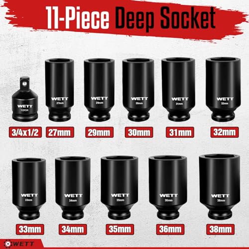 Image of WETT 1 /2 inch Drive Deep Large Impact Socket Set, 11-Piece Spindle Axle Nut Wheel Wrench Sockets Set, Jumbo Metric 6 Point Sockets with 3 /4 to 1 /2 Adapter, CR-V, (27mm-38mm)