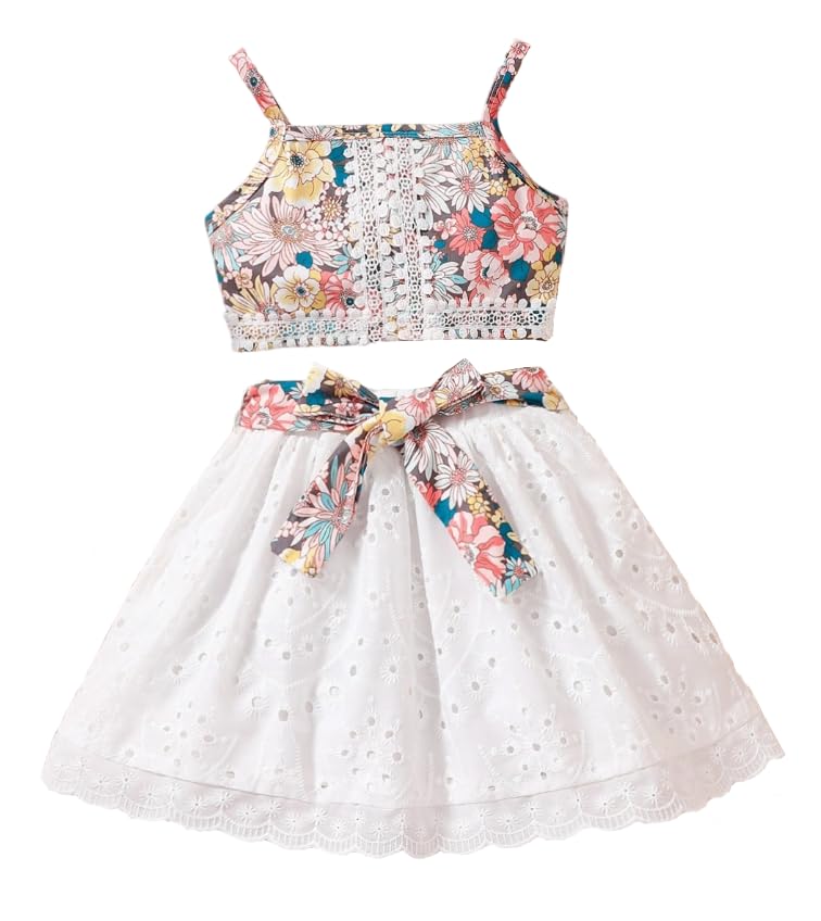Image of TAGAS Girls Girls Floral Crop Top and White Lace Skirt Set - Summer Sleeveless 2-Piece Outfit with Bow Belt - Casual Party Dress for Kids