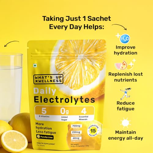 Image of What's Up Wellness Daily Electrolytes Powder - Punchy Lime Flavour | Zero Added Sugar | Instant Hydration - Sodium, Potassium, Magnesium & Zinc | Vegan - 45 Sachets | Pack of 3