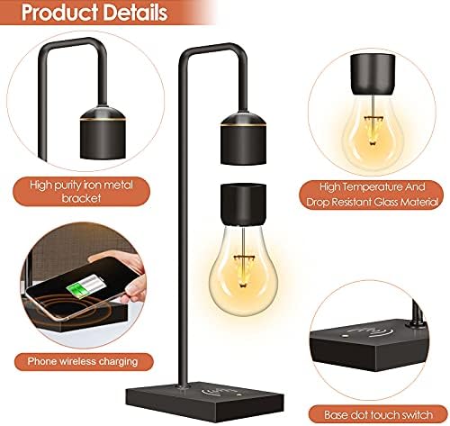 Floatidea Magnetic Levitating Light Bulb with Luxury Wireless Charging Pad (Apple/Android) Levitation Plastic Black Floating Table Lamp White LED Night Light for Bedrooms Desk Toys Office Gifts