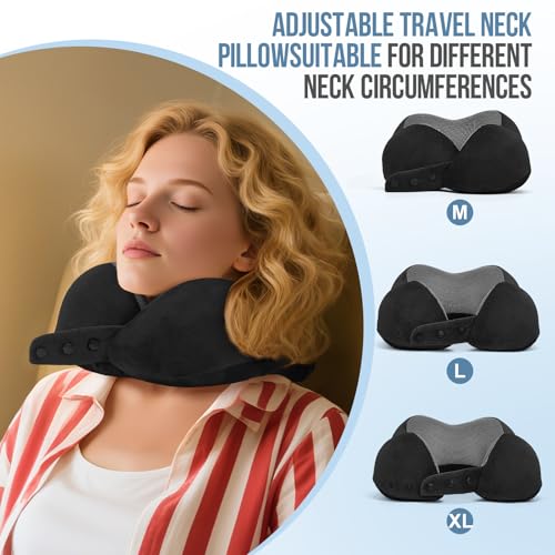 Image of Travel Neck Pillows for Airplanes Memory Foam Neck Pillow for Traveling Adjustable Travel Pillow for Sleeping, Airplane,Train, Car with Eye Mask, Earplugs, Carry Bag