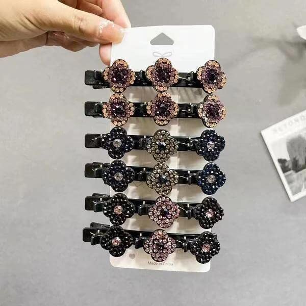 4Pcs Satin Fabric Hair Bands, Clover Rhinestone Hair Clips, Braided Hair Clip with Rhinestones, Ladies Ponytail Fixer, Duckbill Hair Clips with Rhinestones for Women (6PC)