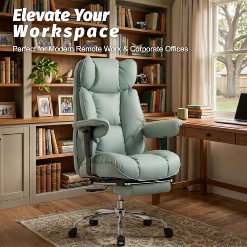Image of Efomao Executive Office Chair 400lbs,Green Big and Tall Desk Chair | Mattress-grade pocket spring cushion, sleek leather, 135 recline & footrest for computer gaming setup.
