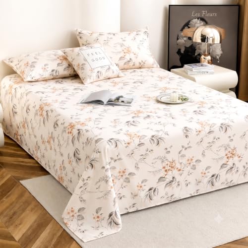 Image of IVAZA 240 TC Soft Ezyption Cotton Floral Print King Size Bedsheet - with 2 Pillow Covers, Hypoallergenic, Brethable, (Size- 90 x 90 Inch) Champagne Peach