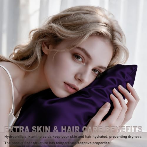 Image of LYSHIN Silk Pillow Cases 2 Pack Queen Size with Zipper, Purple | 19 Momme Mulberry Silk Pillowcase for Skin and Hair, Anti-Acne, Hypoallergenic, Cooling, Beauty Sleep, Gifts for Women