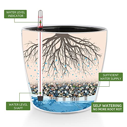 Dexceder 9X8 Inches High Gloss Self Watering Planter Indoor Outdoor, Inner Pot Design, Thickened Table Flower Plant Pot With Water Level Indicator (White) #TOP1