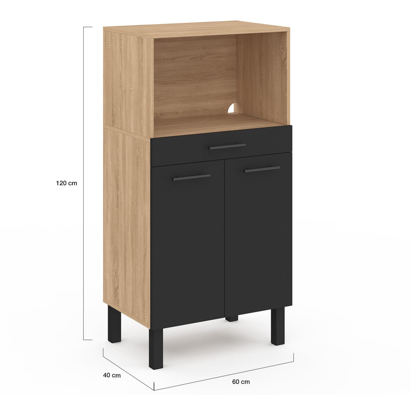 IDMarket - Buffet mi-Haut de Cuisine pour Micro-Onde 60 cm CINA 1 tiroir 2 Portes façon hêtre et Noir