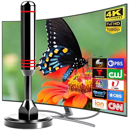ATVFuture TV Antenna for Smart TV Indoor, 2024 Newest Antenna with Strong Magnetic Base, 360°&Long Range Reception TV Antenna for Local Channels, Easy Setup Antenna for TV Without Cable (Black+Red)