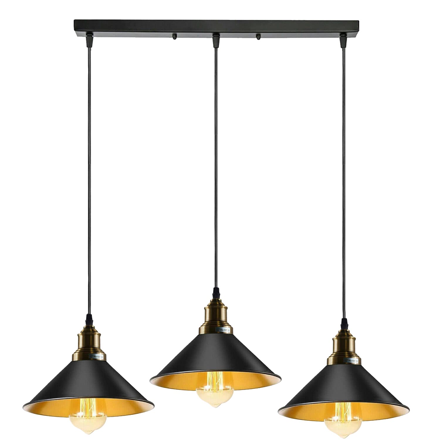 LEDSone Modern 3 Head Ceiling Pendant Light Metal Black 22cm Width Cone Lamp Shade E27 Base Light Fixture with Adjustable Cable for Kitchen Bed Room Living Room (Black Gold Inner(with Bulb))
