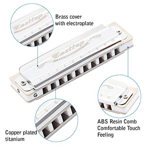 East Top 10 Holes Key by G Professional Diatonic Blues Harmonica T008, Silver Harmonica Pour adultes, joueurs… - Les Beatles, Paul McCartney, John Lennon, RIngo Starr, George Harrison East Top 10 Holes Key by G Professional Diatonic Blues Harmonica T008, Silver Harmonica Pour adultes, joueurs… – Image 3