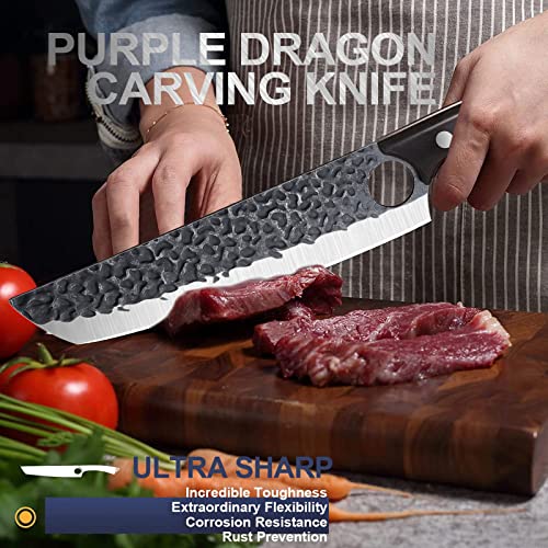 Purple Dragon Butcher Knife Meat Cleaver 7.5 Inch Hand Forged Chef Knife Japan High Carbon Steel Knife For Meat Vegetable Full Tang Long Handle Sharp Carving Knife #TOP6