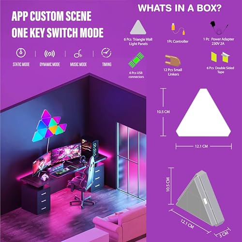 Image of Triangular Wall Light Panels, Smart RGBIC Lights for Gaming & Home Decor, 16 Million Colors, App Control, Music Sync (Pack of 6), Resin, USB Corded Electric, Led, 12 Volts
