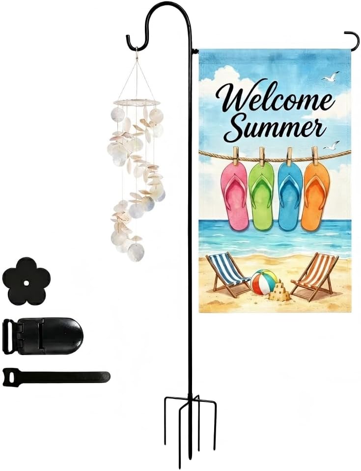 Heavy-Duty Garden Flag Stand with Shepherd's Hook Holder – Sturdy Metal Frame for 12x18 Inch Flags & String Lights, Weather-Resistant Outdoor Lawn, Patio, Yard Decorations （Only Flag Pole）