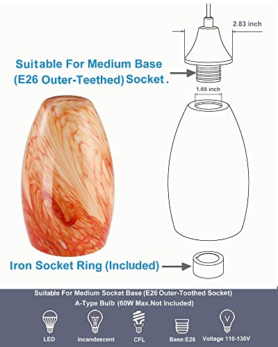 Image of Hand Blown Art Glass Lamp Shade for Light Replacement Oval Glass Light cover Shade Height 7.5inch,Fitter 1.65inch,Max Diameter 4.7inch for mini pendant ceiling light fixture (Amber Red)