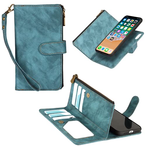 JWS-C iPhone XR Wallet Case Detachable 2in1 Magnetic Cover with Card Holder Slots Flip Wristlet Lanyard case for iPhone XR- Blue