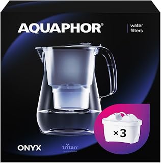AQUAPHOR Onyx Black Water Filter Jug - Counter Top Design with 4.2L Capacity, 3 X MAXFOR+ Filters Included Reduces Limescale Chlorine & Microplastics Perfect for Families, Premium Quality Glass Effect