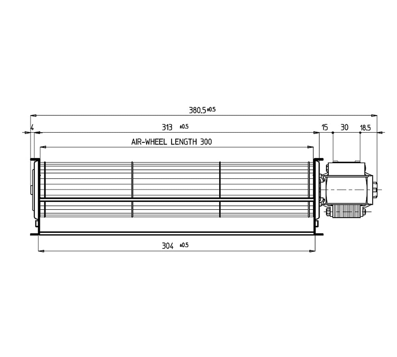 eRicambi, Ventilador tangencial para estufas de pellets TGA 60/1-300/30 EMMEVI – Fergas 113842, diámetro del ventilador 60 mm, tamaño de la boquilla 304 x 40 mm, longitud total 380 mm