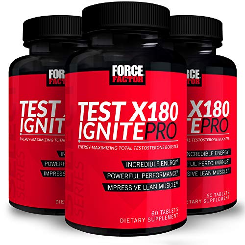 Test X180 Ignite Pro Testosterone Booster and Pre Workout for Men with Fenugreek Seed, Zinc, and Caffeine to Build Lean Muscle and Boost Athletic Performance, Force Factor, 180 Tablets (3-Pack)
