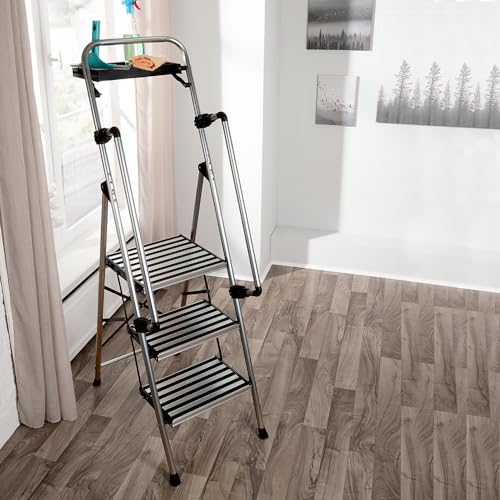 PROFI-PARTNER Stahl-Sicherheitsleiter, Trittleiter, Klappbare Handläufe, Klappleiter, 3 Stufen, Rutschsichere Plattform, TÜV Geprüft, Sicherer Tritt, Robust, bis 150 kg