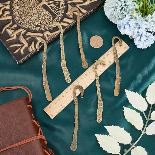 SUNNYCLUE 12Pcs Hook Bookmark Metal Hook Bookmarks Bulk Tibetan Style Antique Bronze Mermaid Dolphin Horse Bookmark Blanks with Hanging Loops Hairpin Stripe Carved Book Marks for Crafting Reading - Image 3