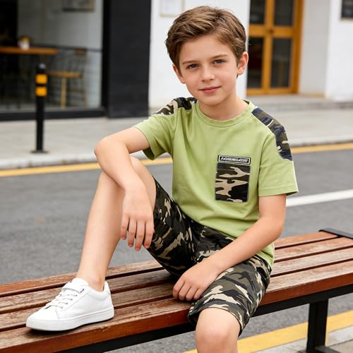 Image of LOLANTA Boy Summer Outfit Casual Clothes 2Pcs Cotton T-shirt Shorts Set | Kids Short Sleeve T-Shirt, Boy Camouflage Knee-length Shorts, Breathable Fashion Outfits, School Daily Matching Clothing Sets