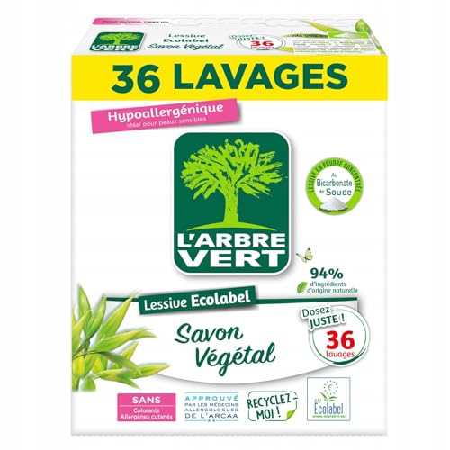 L'Arbre Vert Lessive Poudre Savon Végétal - ECOLABEL - Hypoallergénique - 36 Lavages - 94% d'ingrédients d'origine naturelle - 1.8Kgs