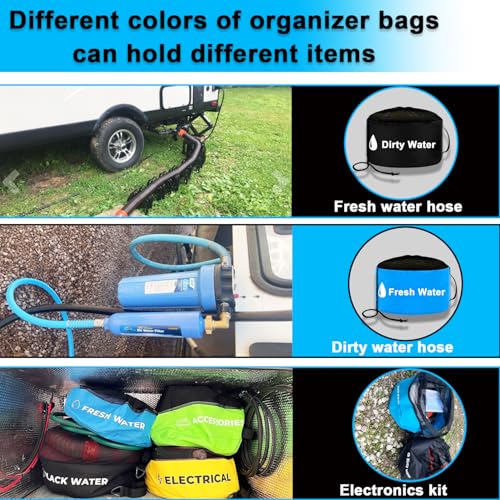 Image of 2-Pack Waterproof RV Hose Storage Bags with Drawstring Mesh Top, RV Tools Accessories Bag for Fresh /Black Water Sewer Hoses and Electrical Cords, Sewer Hose Bag, Black and Yellow