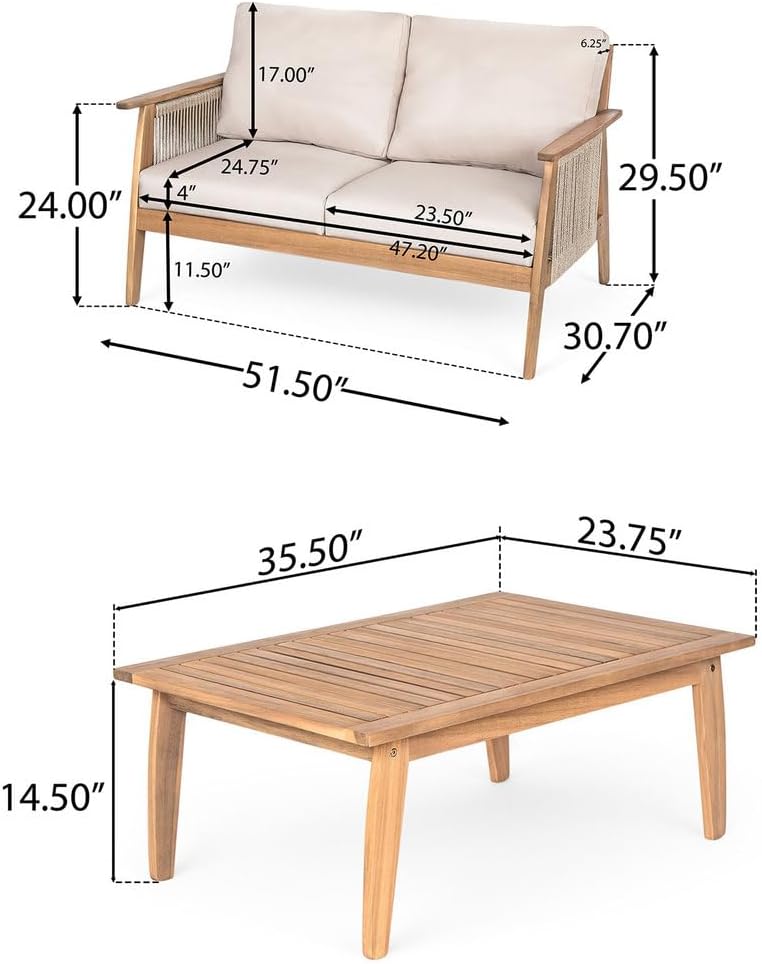 2 Piece Outdoor Patio Furniture Set, Acacia Wood Loveseat & Coffee Table Set with Rope Woven Backrest & Cushions for Backyard Balcony Deck Garden Conversation Seating