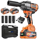 Protmex 1107Ft-lbs(1500N.m) Impact Wrench, 1/2' Cordless Impact Driver, Brushless High Torque Impact Gun with 21V 2x4.0Ah Battery, Power Motor Variable Speeds for Car/Mower/Pickup Truck