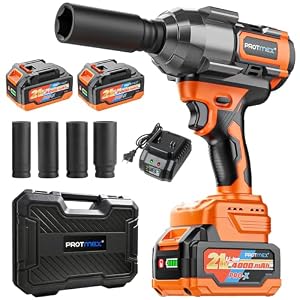 Protmex 1107Ft-lbs(1500N.m) Cordless Impact Wrench, 1/2″ Brushless Impact Driver, High Torque Impact Gun with 21V 2×4.0Ah Battery, Power Motor Variable Speeds for Car/Mower/Pickup Truck