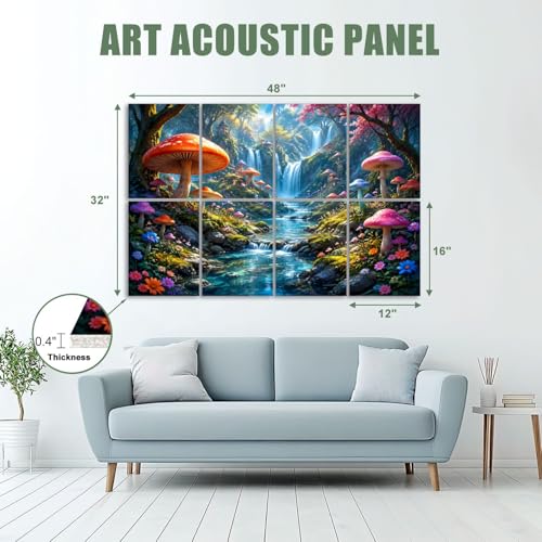 8 Pack Paneles Acústicos de Arte con Absorción de Sonido, Diseño de Bosque Fantasía con Hongos Gigantes Naranja y Rosa, Paneles Decorativos Autoadhesivos para Estudio de Grabación y Oficina 48"x32" miniatura 2