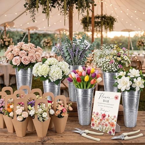 LEIFIDE Flower Bar Buckets Set Kit Bloom Bar Supplies Include Wood Sign Gift Bags Iron Bucket Garden Flower Shears for Wedding Bridal Shower Graduation Birthday Table Centerpieces(39 Pcs Silver)