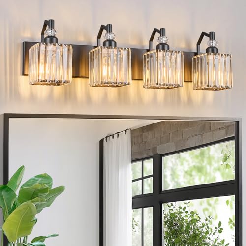 BBLLWJ 4 Light Bathroom Vanity Light Modern Black Vanity Light Fixtures Bathroom Light Fixtures Over Mirror Crystal Vanity Lighting Fixtures by BBLLWJ - Used condition - US$38.83