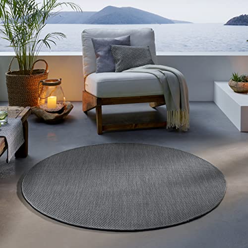 TacaHome Outdoor Teppich I UV-Stabil Für Drinnen und Draußen I Terrasse Balkon Garten Wohnzimmer Badezimmer Küche Flur Läufer | 120 cm rund Anthrazit