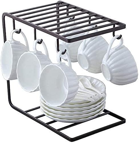 Kitchen Pantry Tea Cup Stand Mug Holder Wrought Iron Heavy Quality Cup Stand 6 Hooks Coffee Cup Display Hanger Rack Organizer (Black)