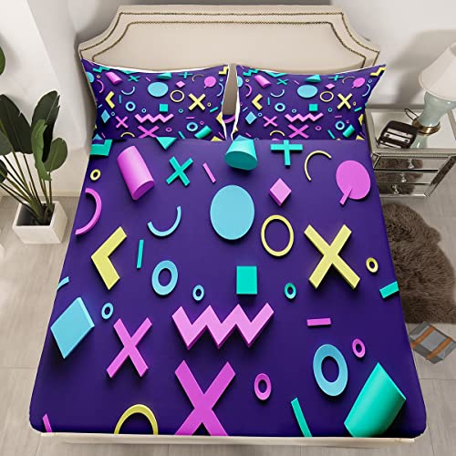 Retro 80S Style Fitted Sheet Twin,Abstract Geometric Pattern Bedding Sets Urban Modern Circles And Triangle Bed Sheets Colorful Pop Art Inspired Pattern Bedding Decor Set For Boys Child #TOP27