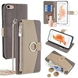 Phone Case for iPhone 6plus 6splus 6/6s Plus Wallet Cover with Screen Protector and Mirror Flip Cover Ring Card Holder Crossbody Strap Cell iPhone6 6+ iPhone6s 6s+ i 6P 6a S Six iPhone6splus Gray