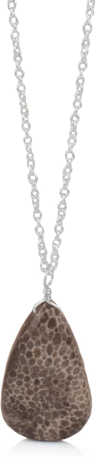 Black Fossil Crystals Pendant Necklace, Pear Cabochon Gemstone, Energy Healing Crystals, Jewelry for Women, Handmade Gemstone Jewelry 18 inch AAA+ Quality