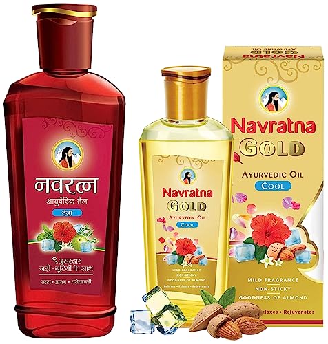 Image of Navratna Ayurvedic Cool Oil |Power of 9 Ayurvedic Herbs |Relieves Headache, Fatigue, Sleeplessness and Tension, 300ml & Navratna Gold Ayurvedic Oil, 200ml