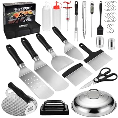 30pcs Griddle Accessories Kit for Blackstone Professional Flat Top Grill Tools, BBQ Spatula Gift Set with Basting Cover, Burger Press, Meat Injector, Thermometer, Tongs for Camping Backyard Teppanyaki