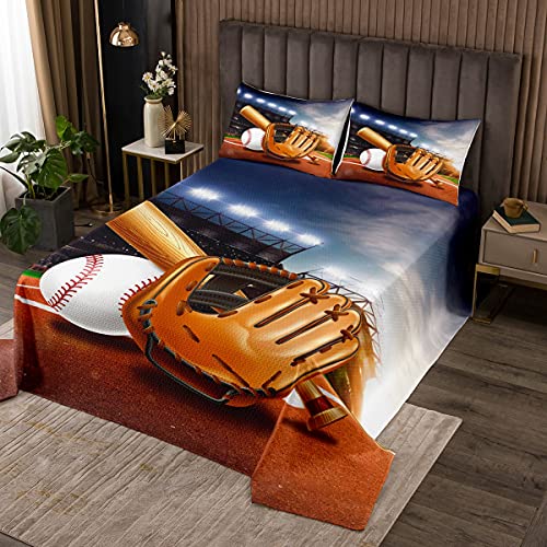 Juego de ropa de cama de 240 x 260 cm, diseño de bate de béisbol y guantes, 3 piezas para niños, temática deportiva, edredón suave de microfibra con 2 fundas de almohada