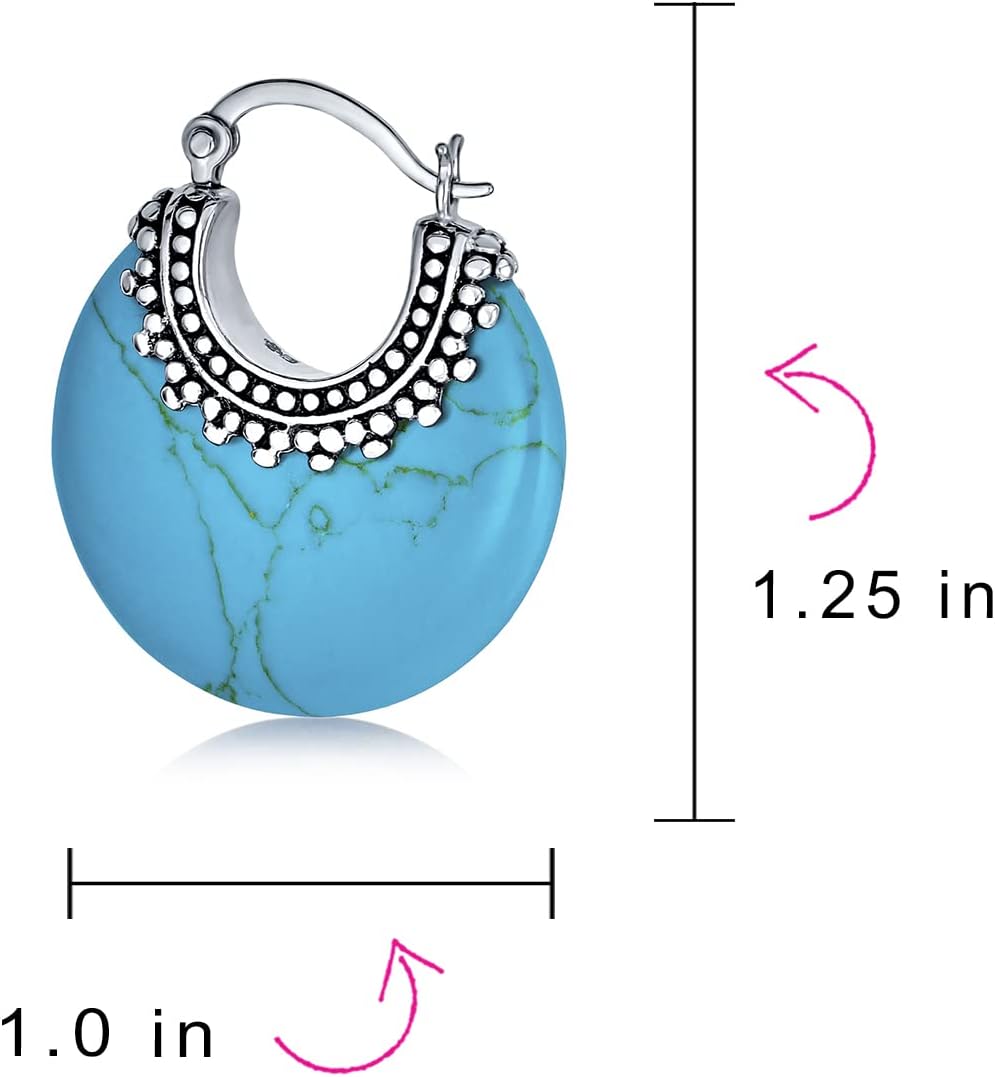 Boho Western Tribal Style .925 Sterling Silver Hoop Earrings for Women with Onyx Turquoise Lapis Lazuli Gemstones Caviar Bead Milgrain Oxidized Half Crescent Design