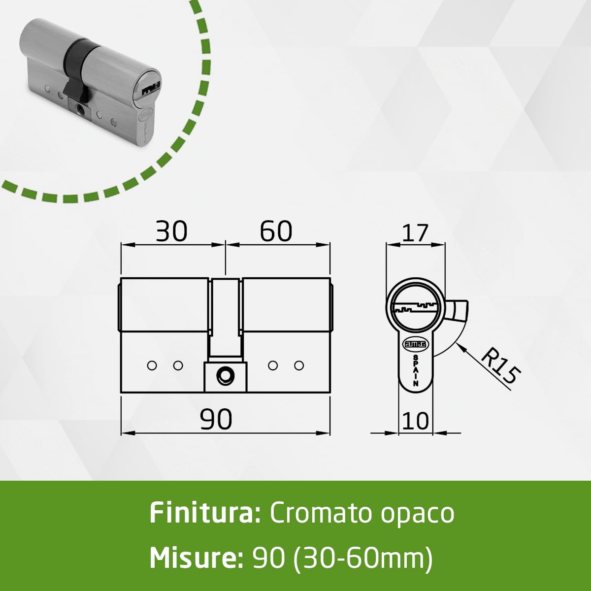 Amig - Cilindro di sicurezza - Serratura per porte - Antigrimaldello e Antibumping - Cilindro Antiestrazione e Antirottura - Include 5 chiavi - Argento opaco - Misure: 90 (30-60) mm