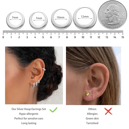 4PC Small Hoop Earrings for Women No Tarnish - Dainty Chunky Silver Earrings Trendy 925 Sterling Silver Plated Hypoallergenic Huggie Hoops Earring Set for Women Silver Jewelry Gift