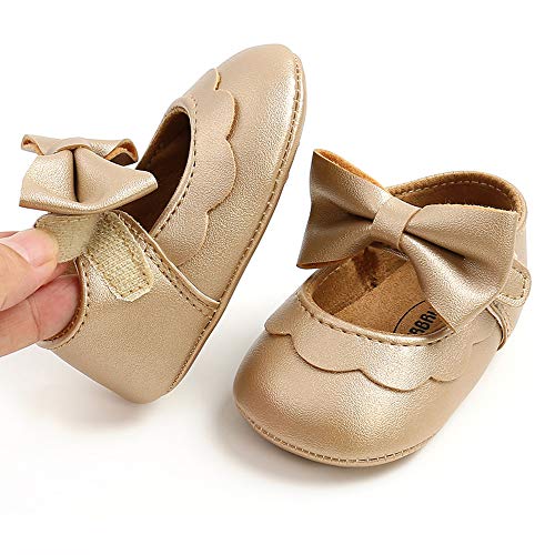 Lafegen Baby Girls Mary Jane Flats With Bownot Non Slip Soft Sole Pu Leather Newborn Infant Toddler First Walker Cirb Dress Shoes, 6-12 Months Infant, 07 Gold #TOP4