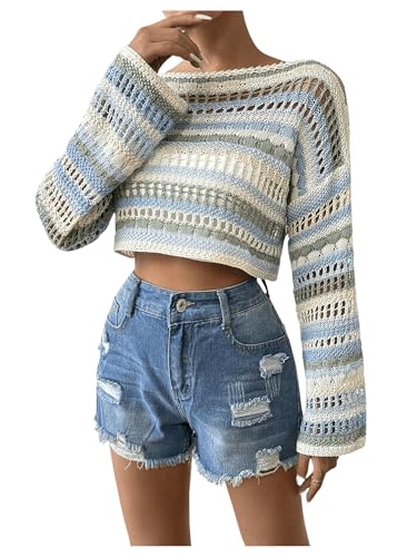Image of SOLY HUX Sweaters for Women Hollow Out Striped Boat Neck Long Sleeve Crochet Crop Tops Multicoloured Striped Large